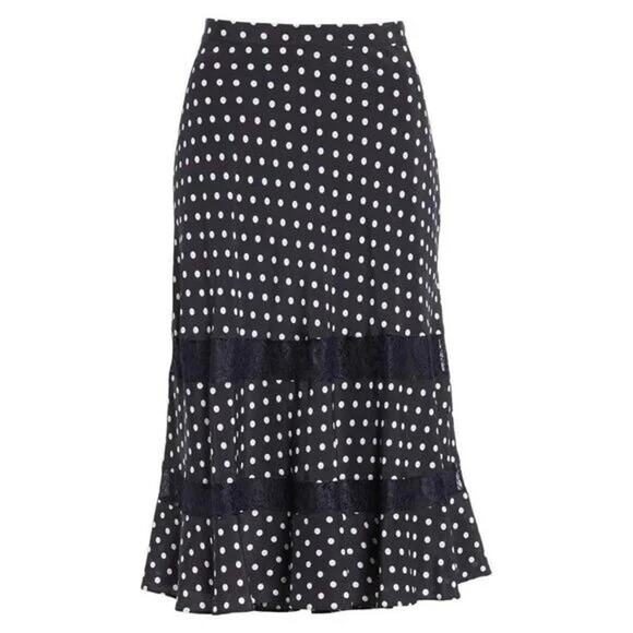 Lewit Silk Polka Dot Lace Trim Navy Blue A‎ Line Midi Skirt Size 16 Retail $299 - Picture 1 of 15
